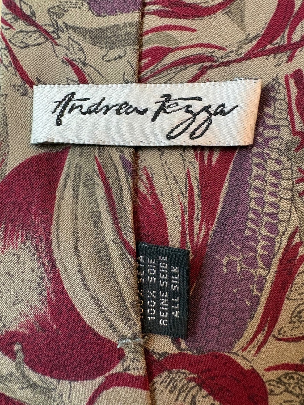 Vintage Andrew Fezza 100% Silk Botanical Pattern Wide Necktie